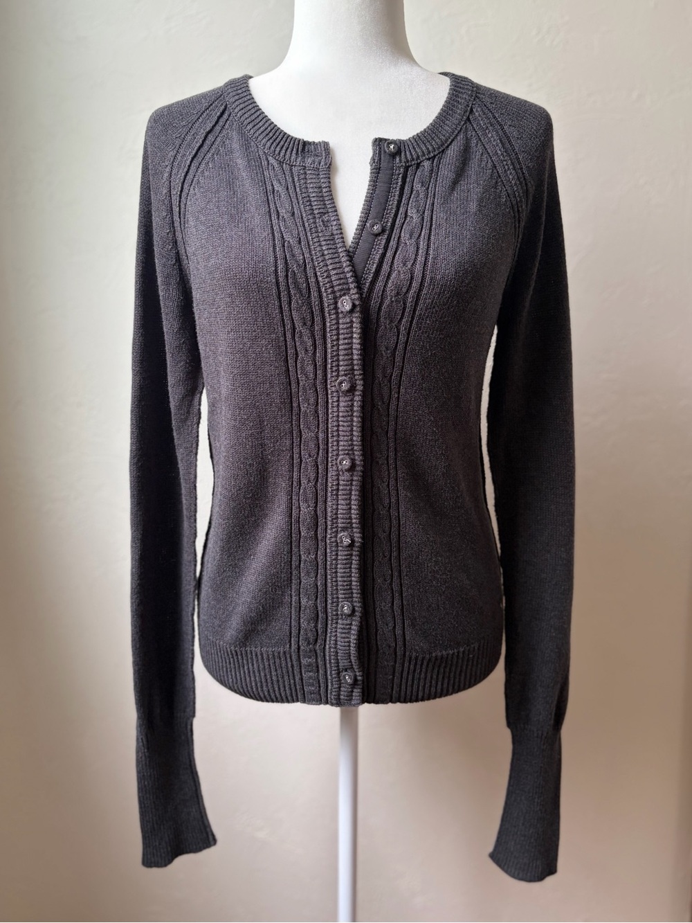 American Eagle Gray Cable Knit Cotton Cardigan Button Front Fitted Large